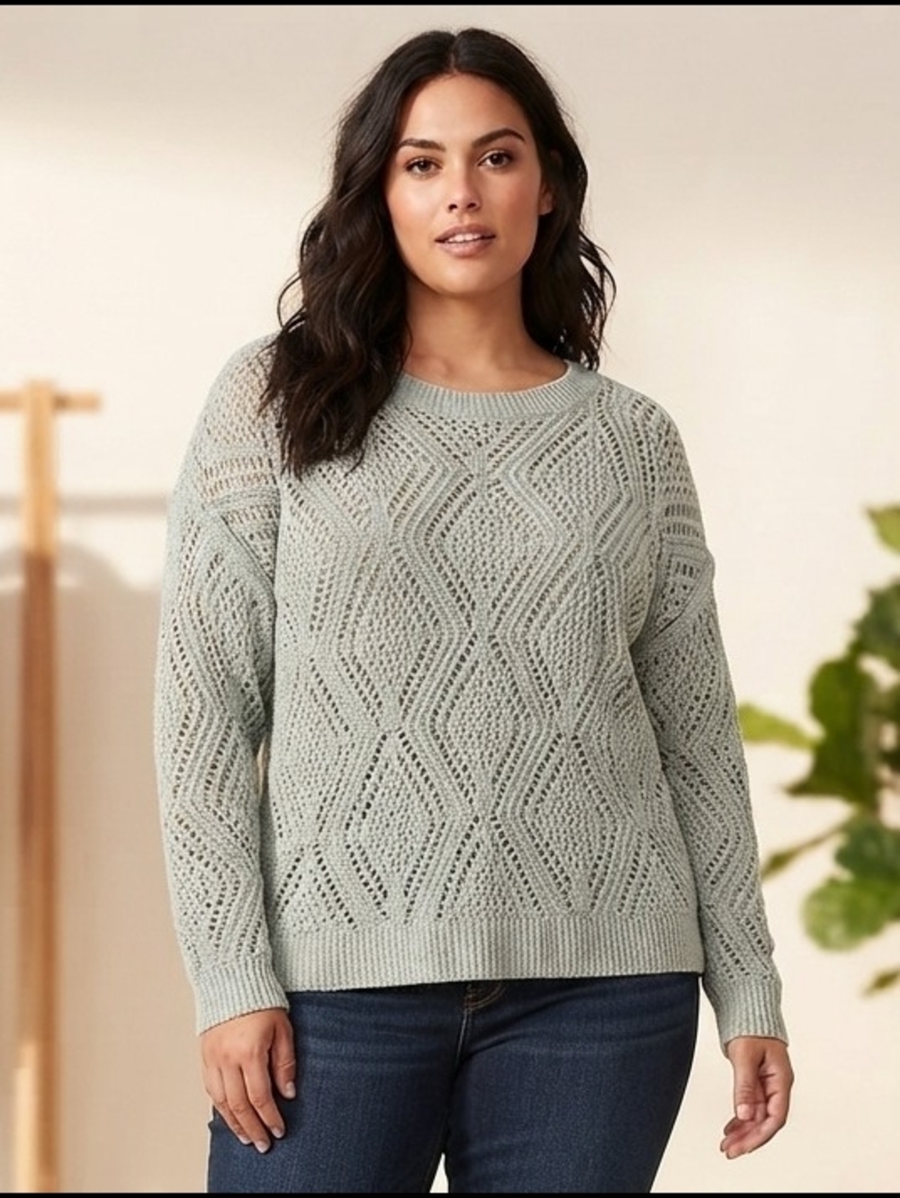 EUC Old Navy Open-Knit Diamond Pattern Sweater | Large | Light Gray | P2P 23"